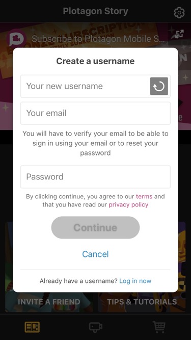 Image showing the Plotagon Story login screen.